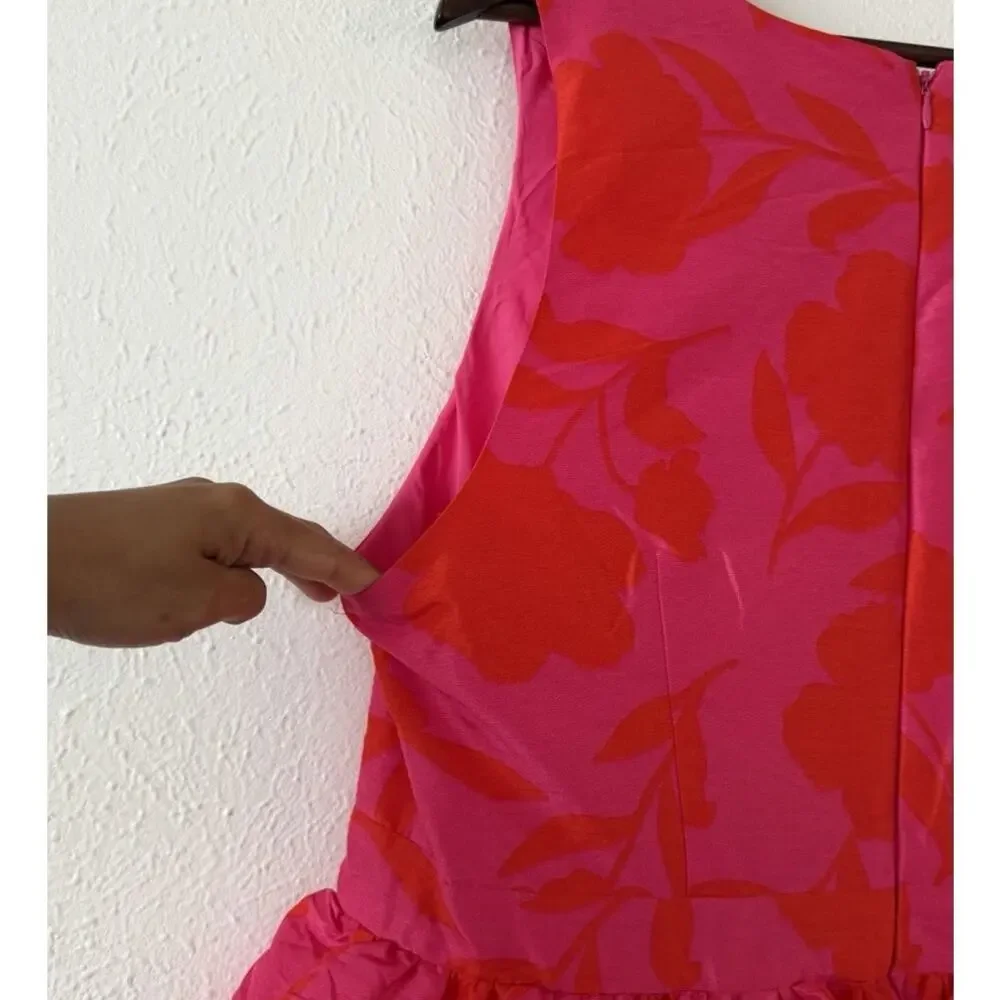 Kate Spade New York NWT Floral Jacquard Midi Dress 17 Pink Red Ruffle Waist - Picture 10 of 10